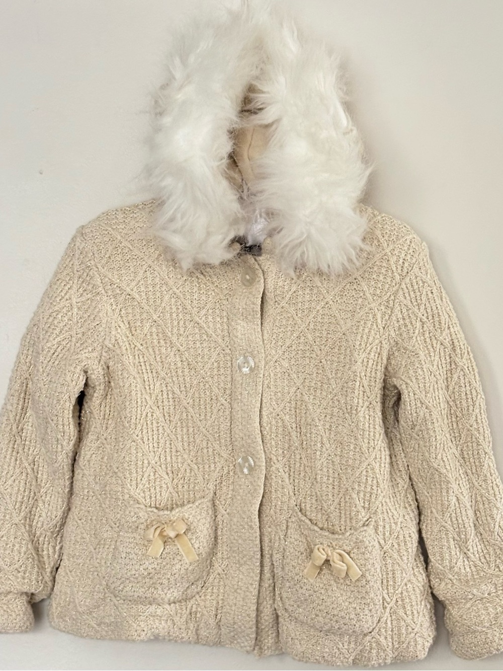 Max Studio Cream Knit Hooded Jacket with Faux Fur Trim 24 mos